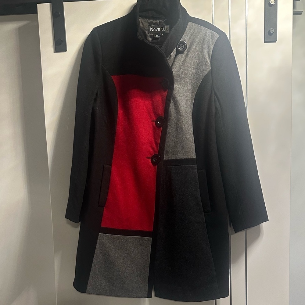 Novelties by AGJ size 16 Black , Grey and Red Colorblock Wool Blend Coat